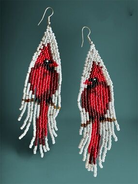 Red cardinal seed bead long dangle earrings Christmas birds holidays